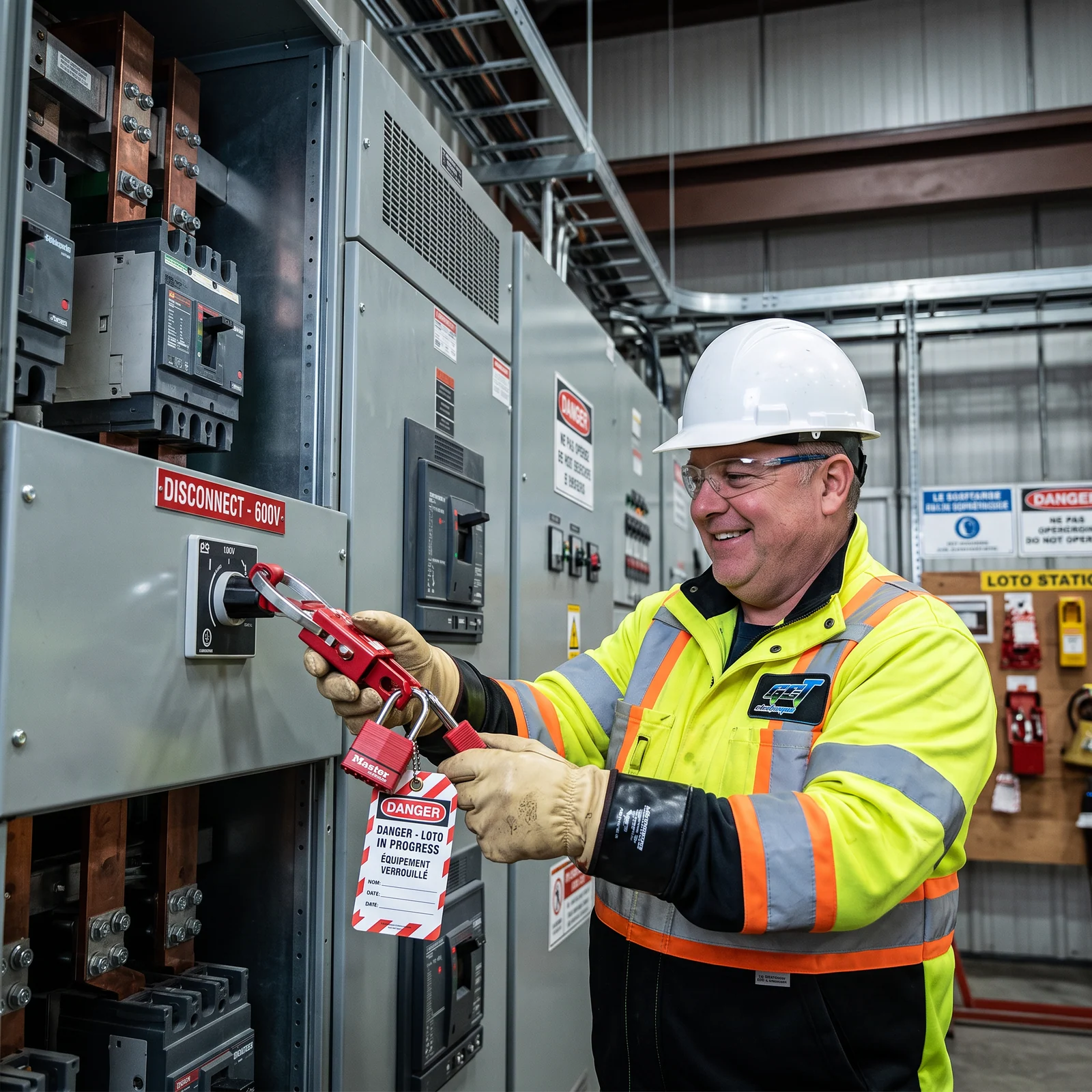 Électricien appliquant une procédure de cadenassage sur un équipement de distribution électrique de 600 V